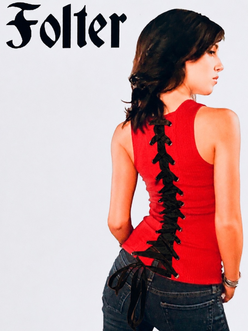 Folter Red Lace-Up Back Corset Ribbed Tank Top 100% Cotton Sz L (runs small)